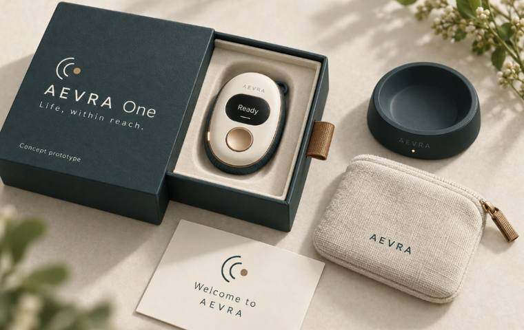 The box with the device, its magnetic stand and a linen pouch.