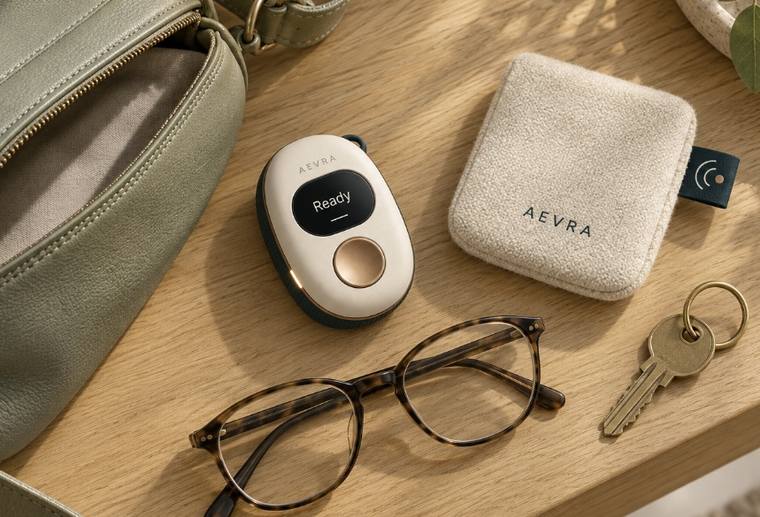 The device on a table beside glasses, keys and its linen pouch.